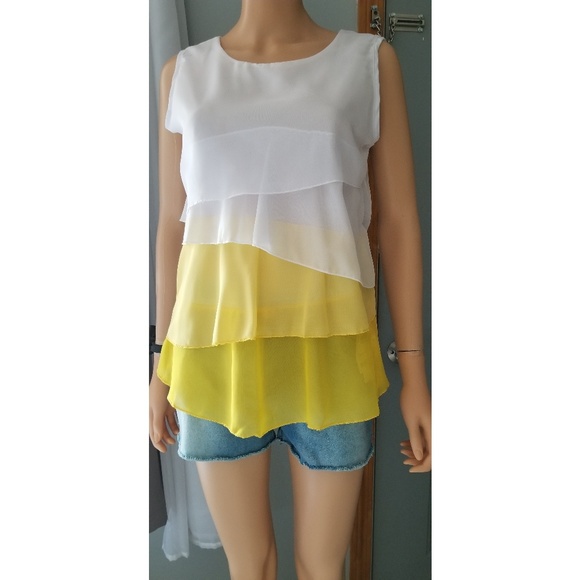 Han Fan Fashion Tops - Sleeveless  Color-block Yellow Blouse, Large